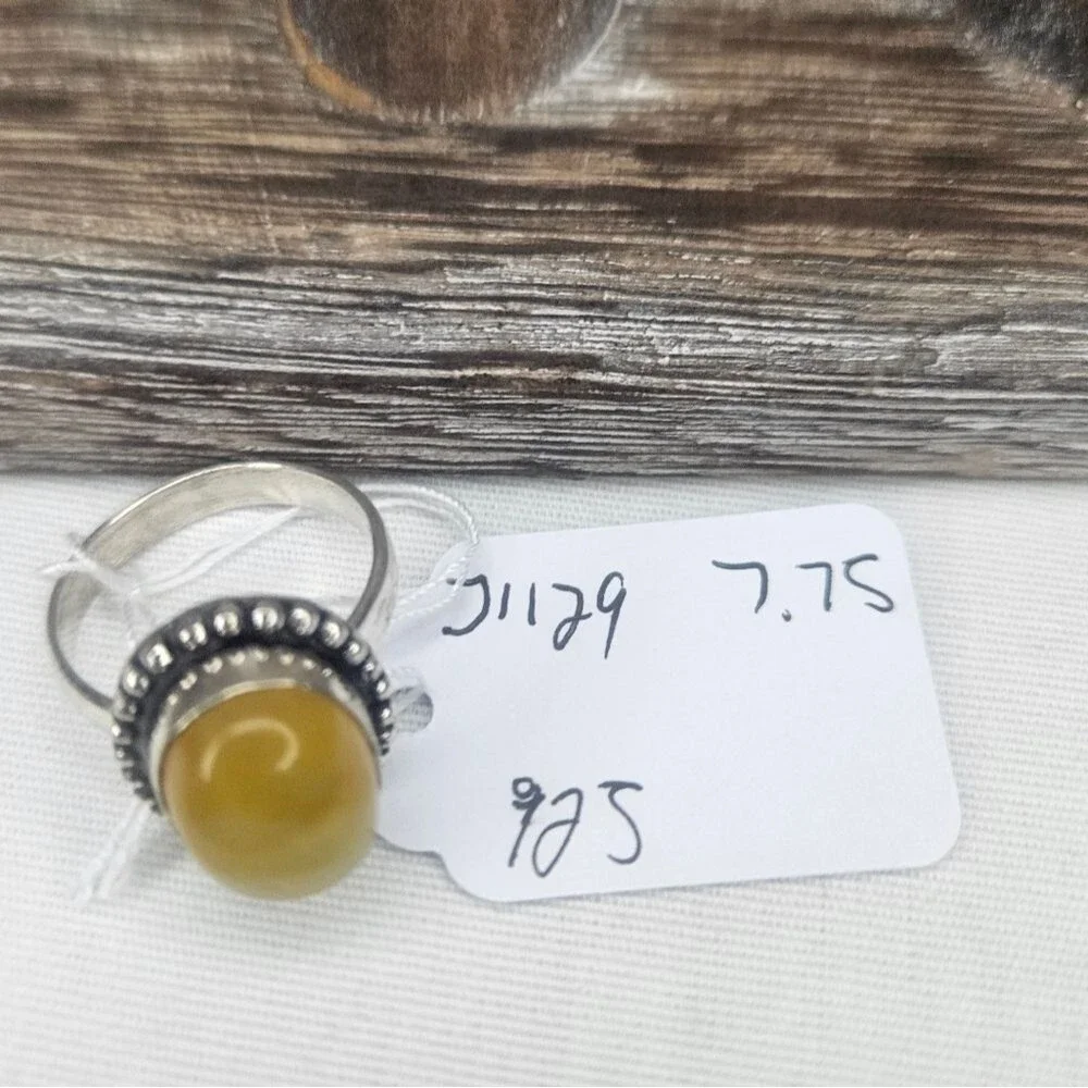 Vintage Southwestern Sterling Silver Yellow Lace Agate Oval Sz 7.75 EUC 70s-80s